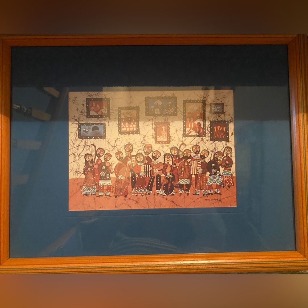 Framed Folk Art Print with Blue Mat
